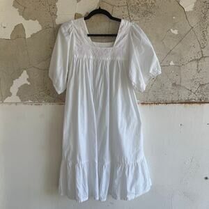 Vtg Nightgown White Pink Cotton Puff Sleeve Prairie Lounge House Dress Womens L